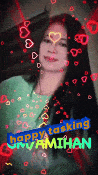 a picture of a woman with hearts and the words happy tasking