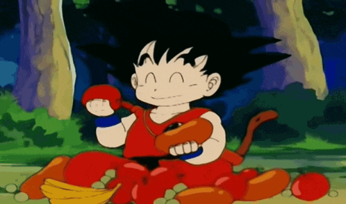 a cartoon character named goku is sitting on a pile of fruit