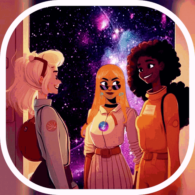 a cartoon of three women standing in front of a starry sky
