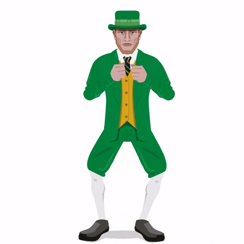 a cartoon of a man in a green suit and top hat dancing