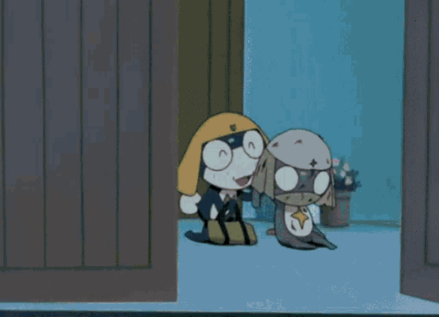 two cartoon characters are standing in front of a building with the letter l on the wall