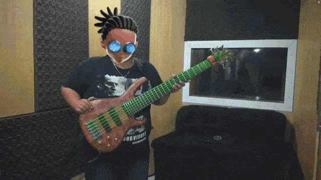 a man in a survivor shirt is playing a bass guitar