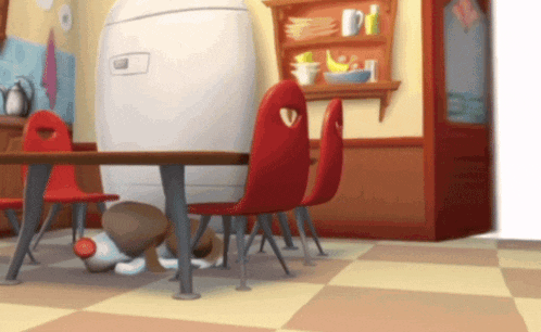 a cartoon drawing of a kitchen with red chairs and a fridge