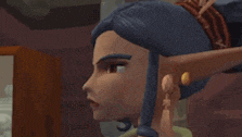 a close up of a cartoon character 's face with a serious look on her face .