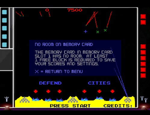 a screenshot of a video game with a message that says no room on memory card