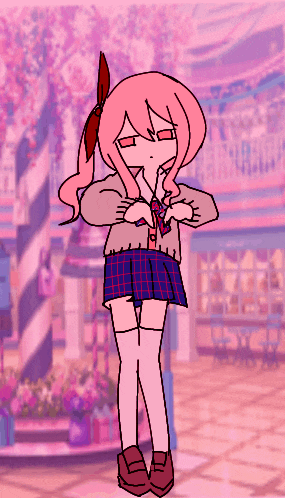 a drawing of a girl with pink hair standing in front of a pink background