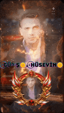 a man in a suit is surrounded by flames and the words günes hüsevin are above him
