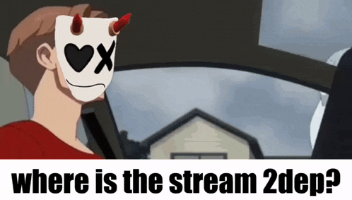 a man wearing a mask with horns and the words where is the stream 2dep on the bottom