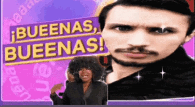 a man with a beard is standing in front of a sign that says buenas buenas