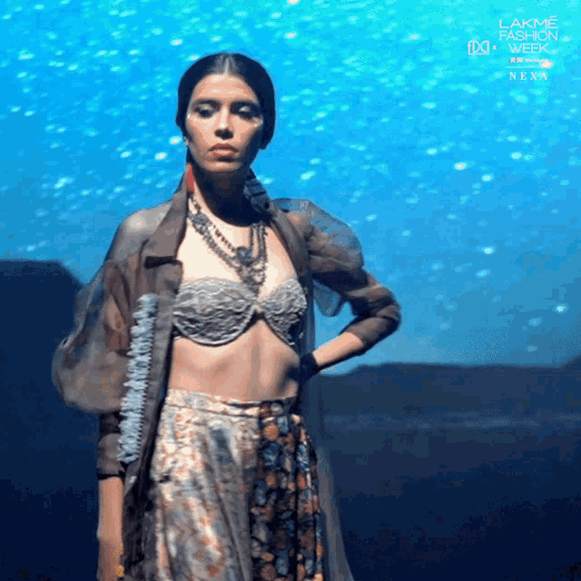 a model walks down a runway at lakme fashion week