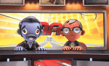 two cartoon characters are sitting in front of a tv screen with the letter r on it
