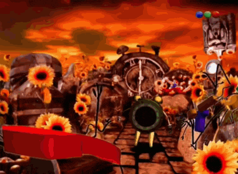a cartoon scene with sunflowers and a clock with roman numerals on it