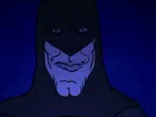 a close up of a cartoon character 's face with a beard and a black mask on a blue background .