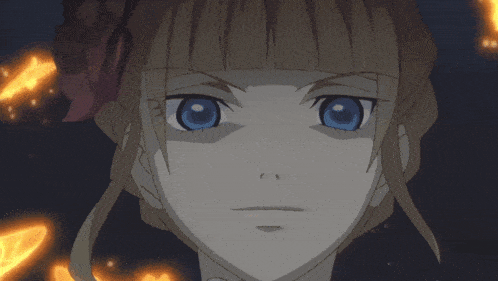 a close up of a girl 's face with a fire behind her