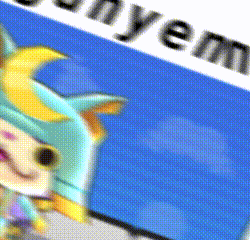 a blurry picture of a cartoon character with the word " nyem " on the bottom