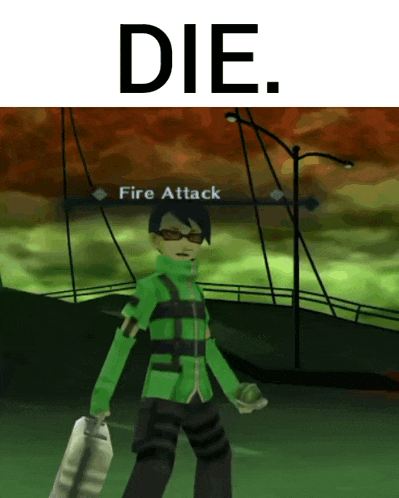 a video game character is standing in front of a sign that says " die "