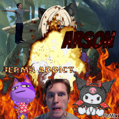 a man is surrounded by cartoon characters and the word arson is above him