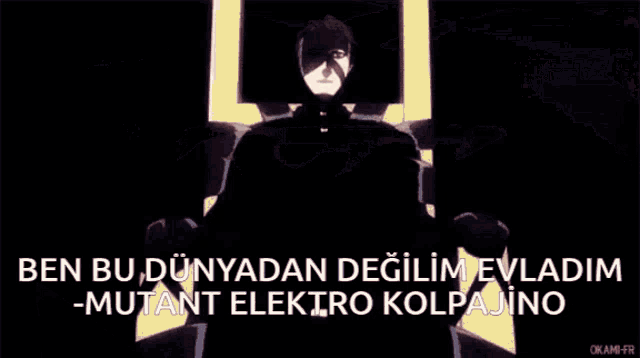 a close up of a person 's face with the words " mutant elektro kolpajino " on it