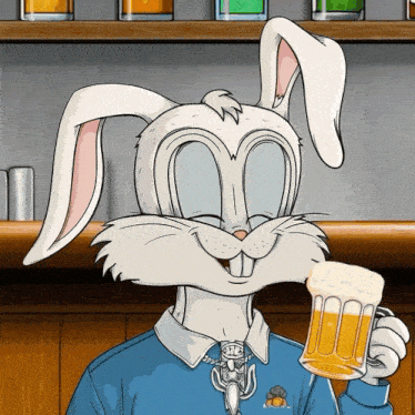 a cartoon of a bunny holding a beer mug