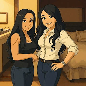 two cartoon girls are standing next to each other in a bedroom