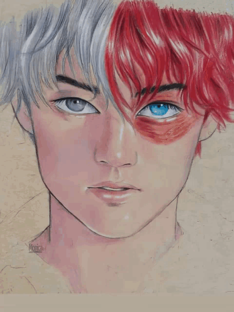 a drawing of a boy with blue eyes and red hair has the name moira on the bottom right
