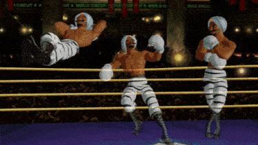 three boxers are in a ring with a sign that says circuit on it
