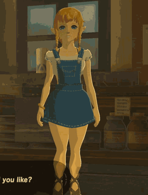a girl in overalls is standing in front of a window with a sign that says you like