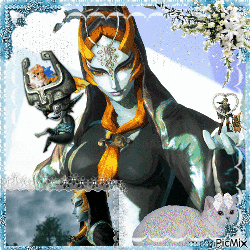 a picture of a video game character with a picture of a cat in the corner that says picmix on the bottom
