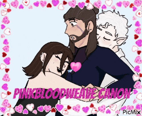 a drawing of a man hugging two women with the words pinkbloodweave canon in the corner