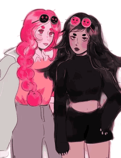 a drawing of two girls with pink hair and black clothes