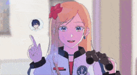 a girl is holding binoculars and pointing at a boy in a speech bubble .