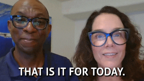 a man and a woman wearing glasses and smiling with the words that is it for today behind them