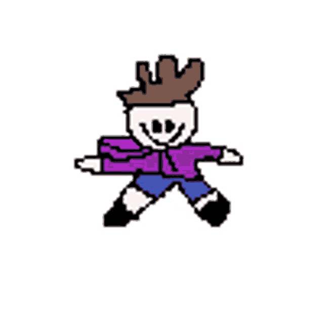 a pixel art drawing of a boy with a purple shirt and blue shorts