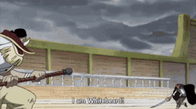 a cartoon character says i am whitebeard in front of a building