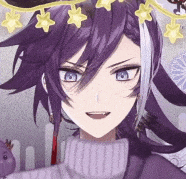 a close up of a person 's face with purple hair