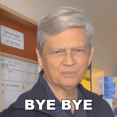 a man says bye bye in front of a sign that says spiritual support ask your name