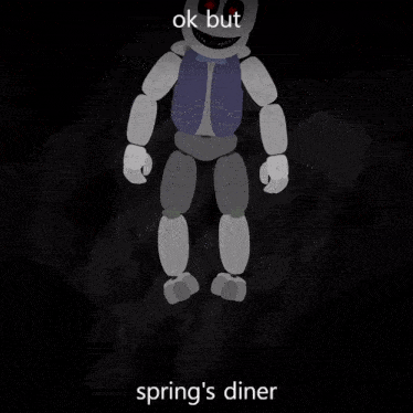 a cartoon character with red eyes and the words ok but spring 's diner below it