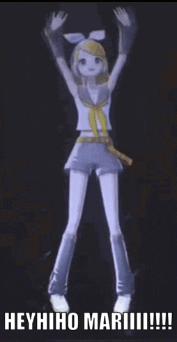 a cartoon girl is dancing with her arms in the air and the words `` heyhiho mariii !!! '' below her .
