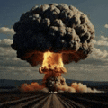 a large nuclear explosion is coming out of the ground in a field .