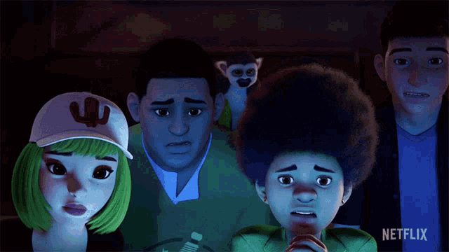 a group of cartoon characters are looking at something with a netflix logo on their shirt