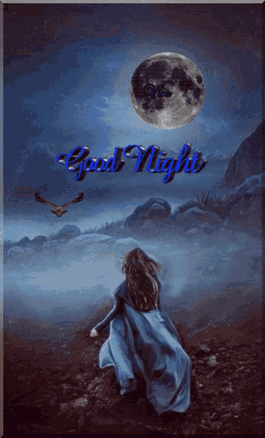 a painting of a woman walking in front of a full moon with the words good night