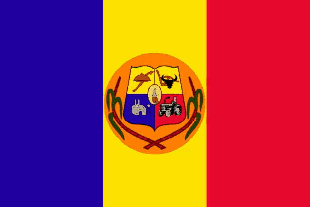 a yellow blue and red flag with a shield on it