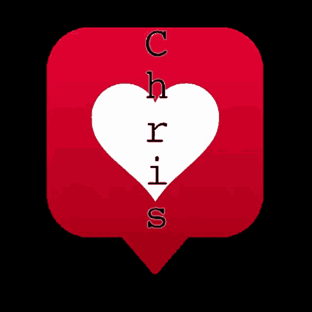 a red speech bubble with a white heart and the word chris