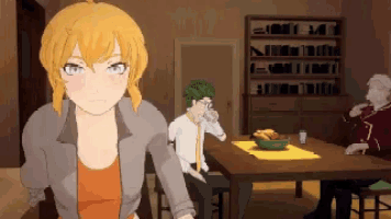a group of anime characters are sitting around a table