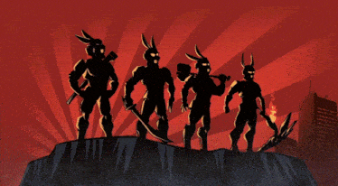 four rabbits are standing on top of a hill with weapons