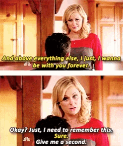 a woman is talking to a man in a kitchen and says okay just i need to remember this sure give me a second