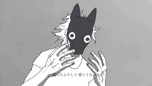 a black and white drawing of a person with a cat mask on