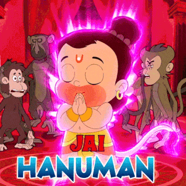 a cartoon of hanuman with monkeys around him