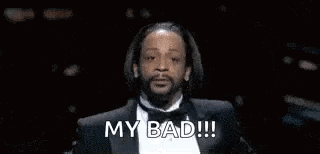 a man in a tuxedo is making a funny face and says `` my bad '' .