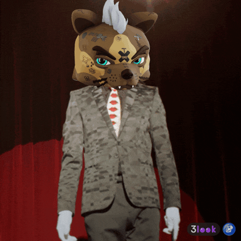 a man in a suit with a hyena mask on his head and a 3look button